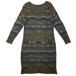 Peruvian Connection Knit Sweater Dress Womens XL Long Sleeve Blue Olive Metallic